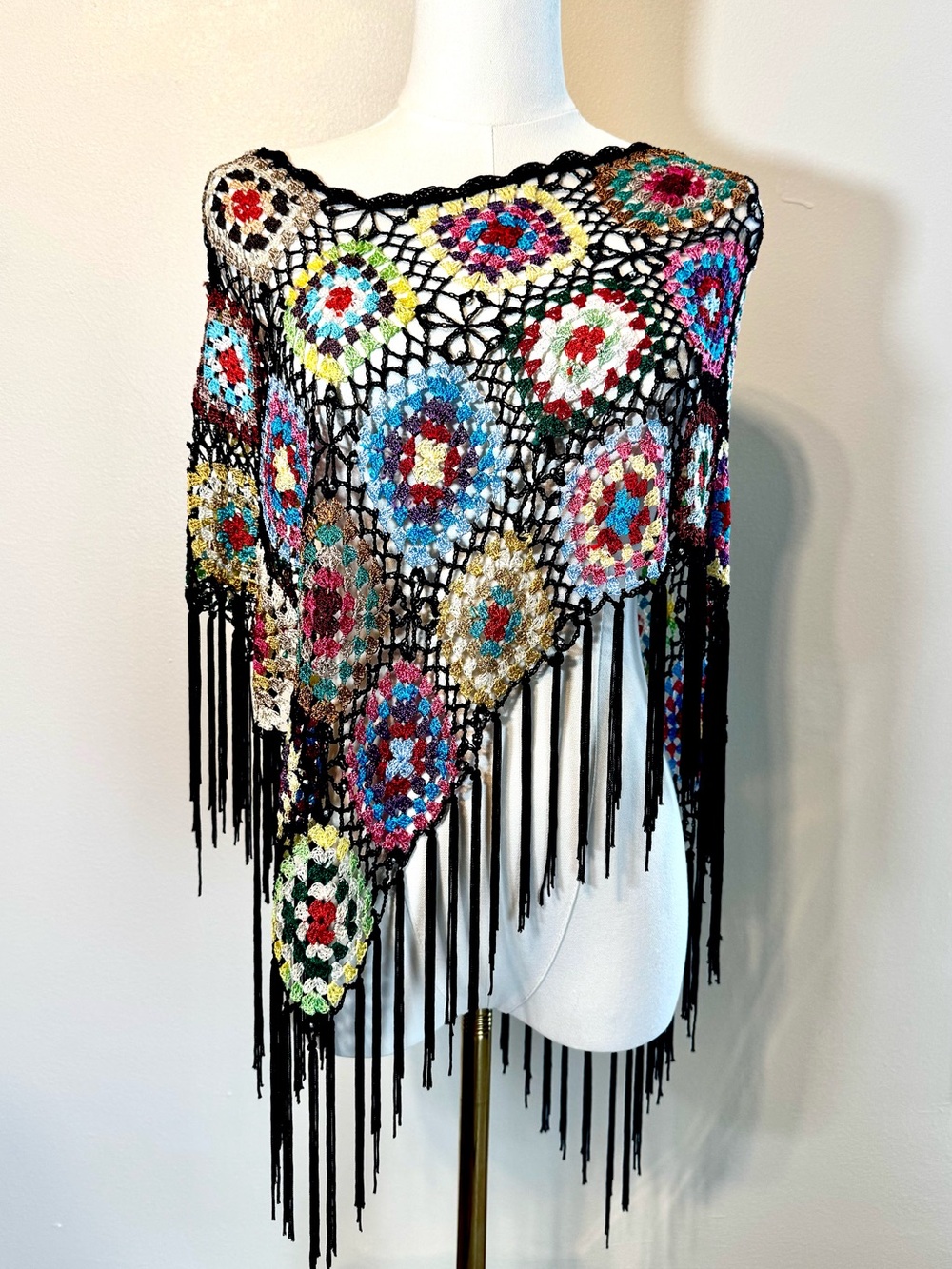 Handmade Multicolor Crochet Shawl Wrap with Black Fringe